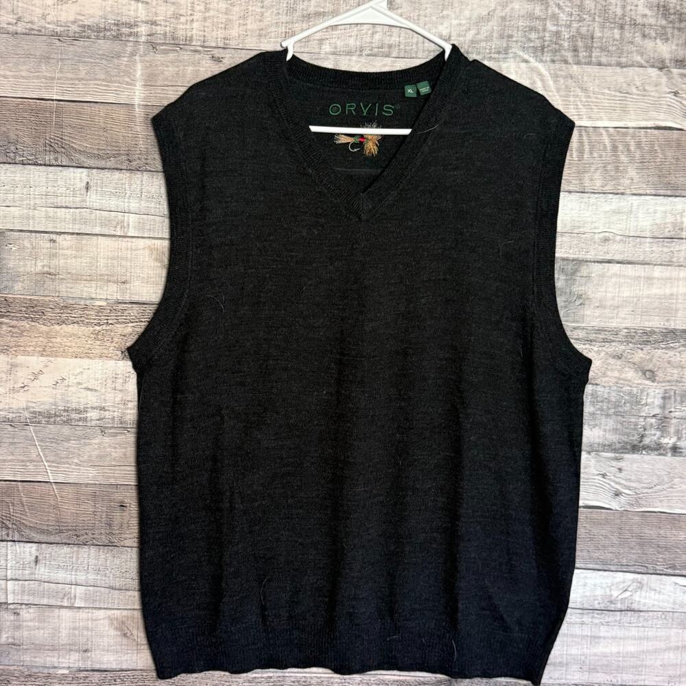 Orvis Merino Wool Sweater Vest Mens XL Dark Gray Soft VNeck Fly Fishing